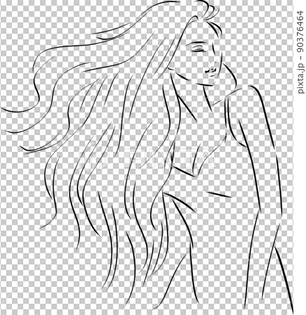 髪の毛がなびく女性　線画 90376464