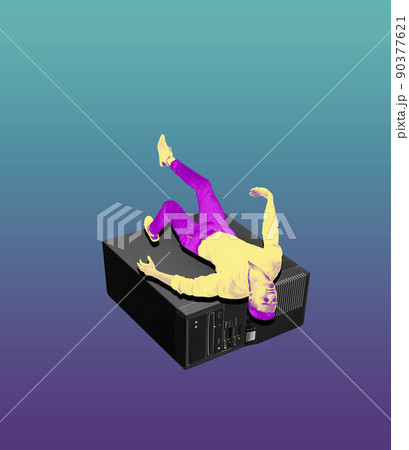 Contemporary art collage and modern design. Young man lying on retro computer system unit. Concept of idea, inspiration, creativity and art. Minimalism 90377621