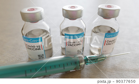 Covid 19 coronavirus vaccine on wood floor - 3D Rendering Covid 19 coronavirus vaccine on wood floor - 3D Rendering 90377650