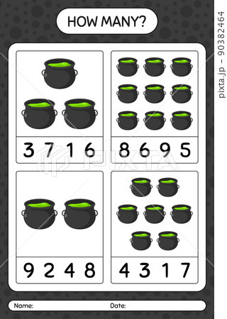 How many counting game with cauldron. worksheet for preschool kids, kids activity sheet 90382464