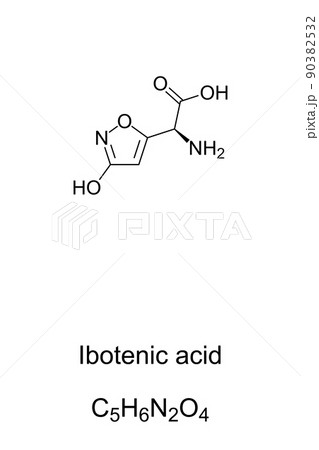 Ibotenic acid, fly agaric poison, chemical formula and structure. Referred to as ibotenate, a chemical compound and psychoactive drug, naturally occuring in fly amanita mushrooms, Amanita muscaria. 90382532