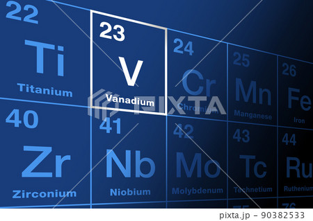 Vanadium on periodic table of the elements. Malleable transition metal and chemical element, with symbol V, from Scandinavian goddess Vanadis, and with atomic number 23. Used for special steel alloys. 90382533