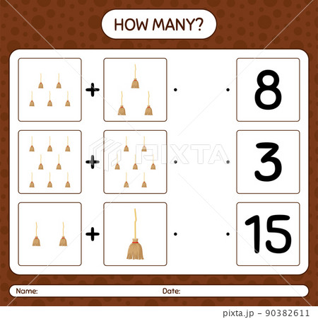 How many counting game with broom. worksheet for preschool kids, kids activity sheet 90382611