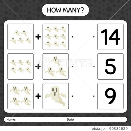 How many counting game with ghost. worksheet for preschool kids, kids activity sheet 90382629