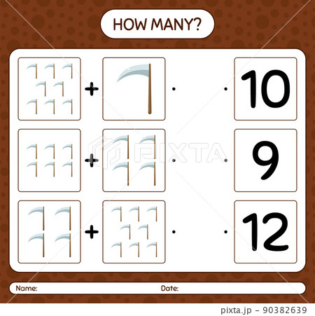 How many counting game with scythe. worksheet for preschool kids, kids activity sheet How many counting game with scythe. worksheet for preschool kids, kids activity sheet 90382639