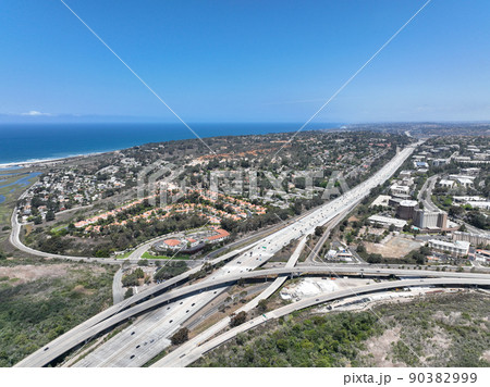Aerial view of highway interchange and junction, San Diego Freeway interstate 5 90382999