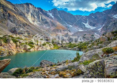 Large lake tucked into mountains with snow Large lake tucked into mountains with snow 90383631