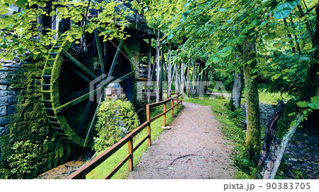 Walking path by water mill in the forest Walking path by water mill in the forest 90383705