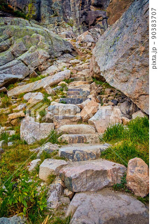Stone steps walking hiking path up mountain Stone steps walking hiking path up mountain 90383707