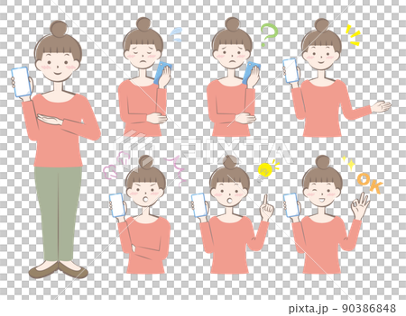 Women with various facial expressions with smartphones Full body upper body variation Women with various facial expressions with smartphones Full body upper body variation 90386848