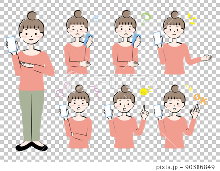 Women with various facial expressions with smartphones Full body upper body variation Women with various facial expressions with smartphones Full body upper body variation 90386849