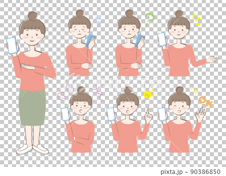 Women with various facial expressions with smartphones Full body upper body variation Women with various facial expressions with smartphones Full body upper body variation 90386850