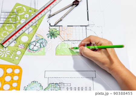 Landscape architect student learning garden plan design.. 90388455