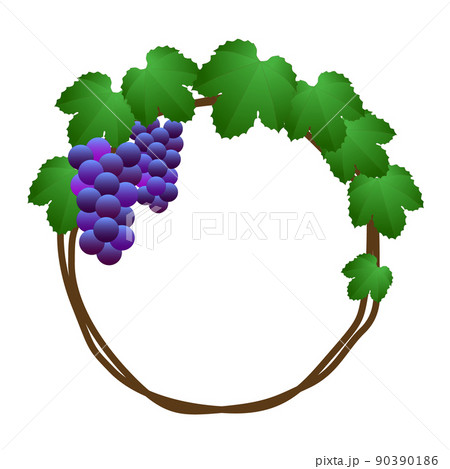 青紫色のブドウの実と緑の葉が付いた蔓のリース。文字スペース付のフレーム。 90390186