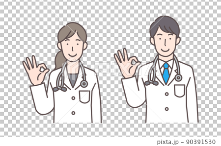 OKサインを出すお医者さんの男性と女性の上半身イラスト 90391530