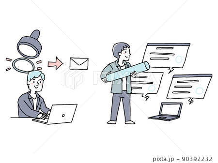 電子印を押して書類を作る人々のセット　ビジネスのペーパーレス化　コミカルな手書きの人物　 90392232