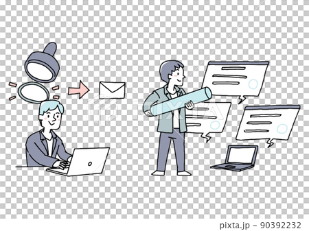 電子印を押して書類を作る人々のセット　ビジネスのペーパーレス化　コミカルな手書きの人物　 90392232