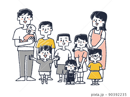 子沢山の大家族 コミカルな手書きの人物 ベクター、温かみのある線画 子沢山の大家族 コミカルな手書きの人物 ベクター、温かみのある線画 90392235