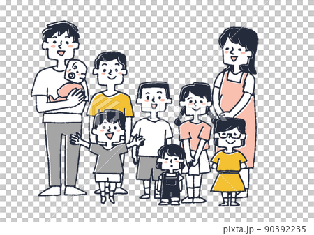 子沢山の大家族 コミカルな手書きの人物 ベクター、温かみのある線画 子沢山の大家族 コミカルな手書きの人物 ベクター、温かみのある線画 90392235