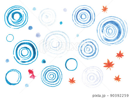 水彩風の波紋と紅葉と金魚のイラストセット 水彩風の波紋と紅葉と金魚のイラストセット 90392259