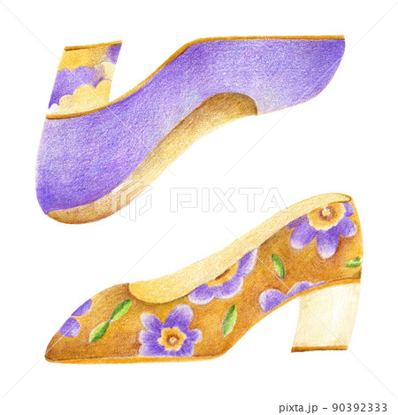 色鉛筆で描いた、紫と花柄のおしゃれな靴のファッションイラスト 90392333