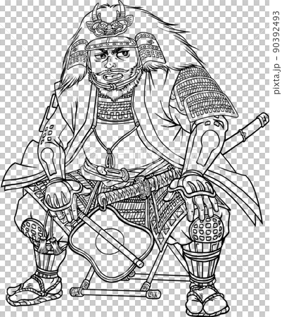 軍配を持って床几に座る武田信玄 【線画】 90392493