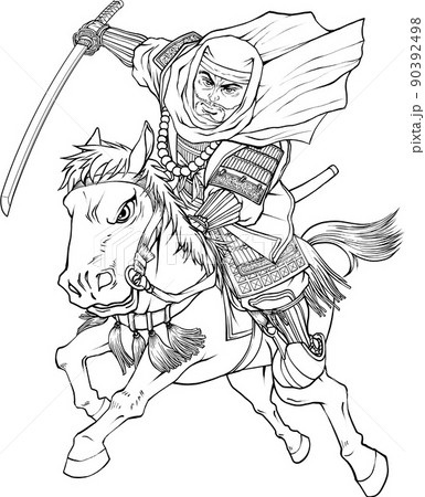 刀を持って馬に乗る上杉謙信 【線画】のイラスト素材 [90392498] - PIXTA