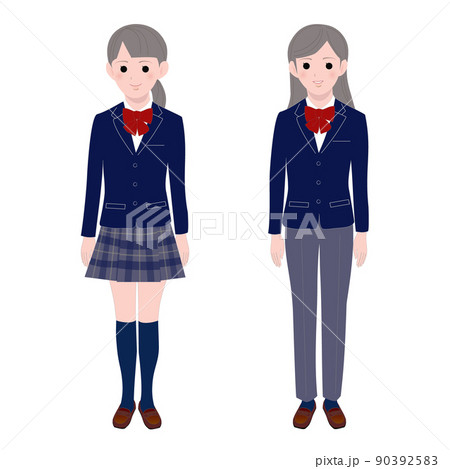 紺の制服 スカート スラックス を着た女子学生のイラスト素材