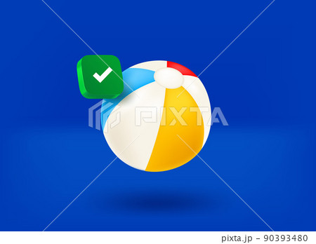 Rubber beach ball with checkmark icon. 3d vector illustration 90393480