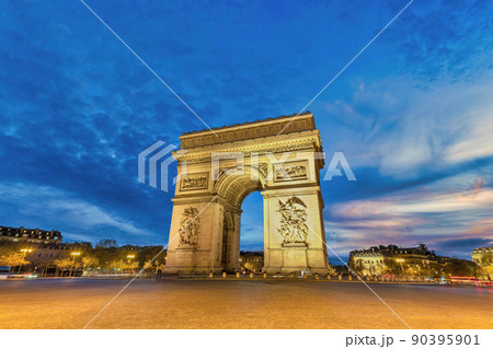 Paris France night city skyline at Arc de Triomphe and Champs Elysees 90395901