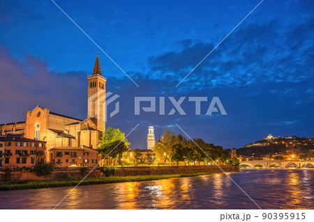 Verona Italy, night city skyline at Adige river and Basilica di Santa Anastasia Verona Italy, night city skyline at Adige river and Basilica di Santa Anastasia 90395915