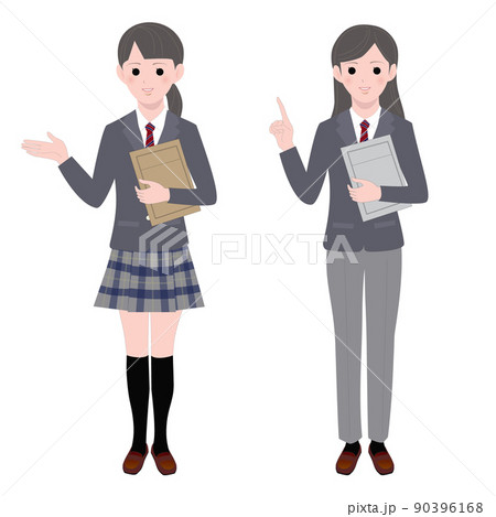 制服(スカート、スラックス)で案内するポーズの女子学生 制服(スカート、スラックス)で案内するポーズの女子学生 90396168