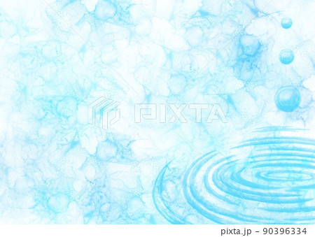 アルコールインクで水色の涼しげな水面に波紋が広がった背景素材（横） 90396334