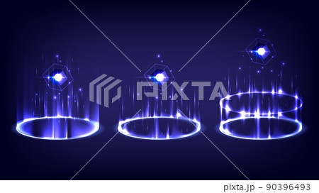 GUI and UI virtual reality. Ray stage for showing. Portal and hologram science futuristic. Display showing. Hi-tech stage in glowing HUD projector. Magic gate in game fantasy. Circle teleport podium 90396493
