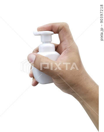 A bottle of liquid soap in hand isolated on white background A bottle of liquid soap in hand isolated on white background 90397218