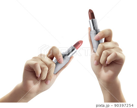 Woman holding lipstick on white background, closeup 90397254