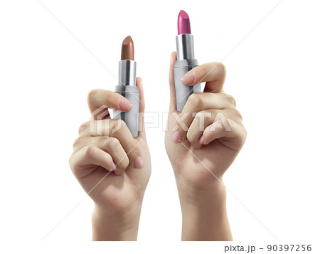Woman holding lipstick on white background, closeup 90397256