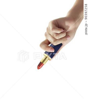 Woman holding lipstick on white background, closeup Woman holding lipstick on white background, closeup 90397258