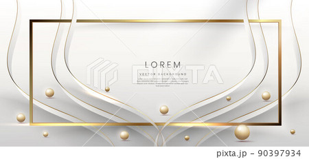 Abstract 3d gold curved white ribbon on grey background with bll lighting effect and sparkle with copy space for text. Luxury frame design style. 90397934
