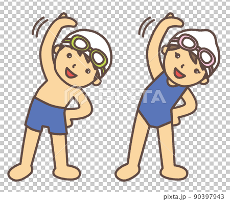 男孩和女孩在游泳前穿著學校泳衣做準備運動 男孩和女孩在游泳前穿著學校泳衣做準備運動 90397943