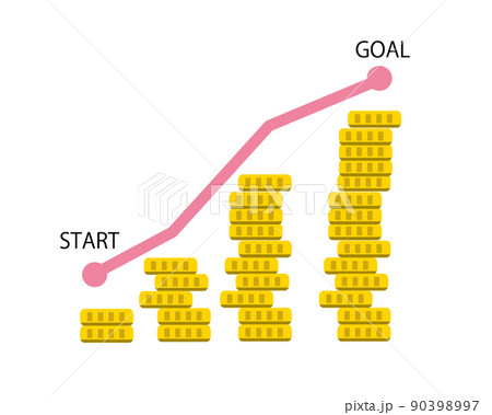 お金の貯蓄 お金が増える スタートとゴール 目標 コインの積み重ね イラスト	 90398997