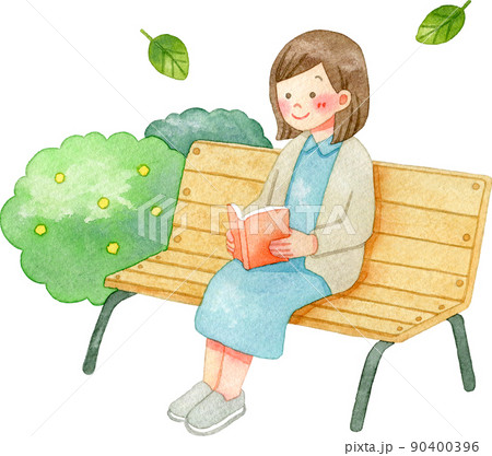 ベンチに座ってのんびり読書をする女性のイラストのイラスト素材