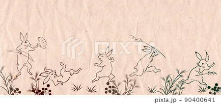鳥獣戯画風かわいいウサギの線画 背景付きのイラスト素材