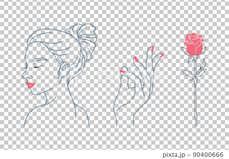 美容圖像插圖 女性形象，指甲油手指，玫瑰花 簡單的線條畫。 90400666