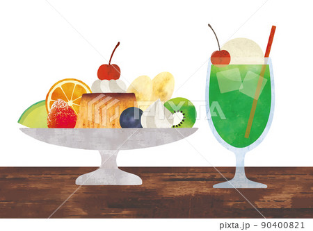 プリンアラモードとクリームソーダ水彩画 90400821
