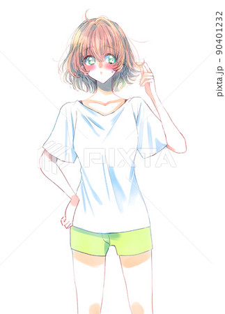 半袖短パンの女性　赤くなる 90401232