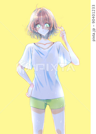 半袖短パンの女性 逆光 水滴のイラスト素材