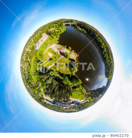A three dimensional panoramic aerial view of bridge and Kymijoki river waters in Finland, Kymenlaakso, Kouvola, Koria 90402270