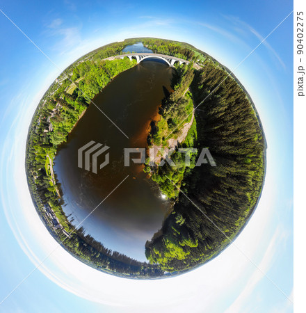 A three dimensional panoramic aerial view of bridge and Kymijoki river waters in Finland, Kymenlaakso, Kouvola, Koria A three dimensional panoramic aerial view of bridge and Kymijoki river waters in Finland, Kymenlaakso, Kouvola, Koria 90402275