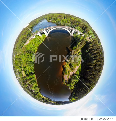A three dimensional panoramic aerial view of bridge and Kymijoki river waters in Finland, Kymenlaakso, Kouvola, Koria A three dimensional panoramic aerial view of bridge and Kymijoki river waters in Finland, Kymenlaakso, Kouvola, Koria 90402277